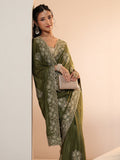 Libas Leaf Green Satin Saree with Embroidered Floral Motifs