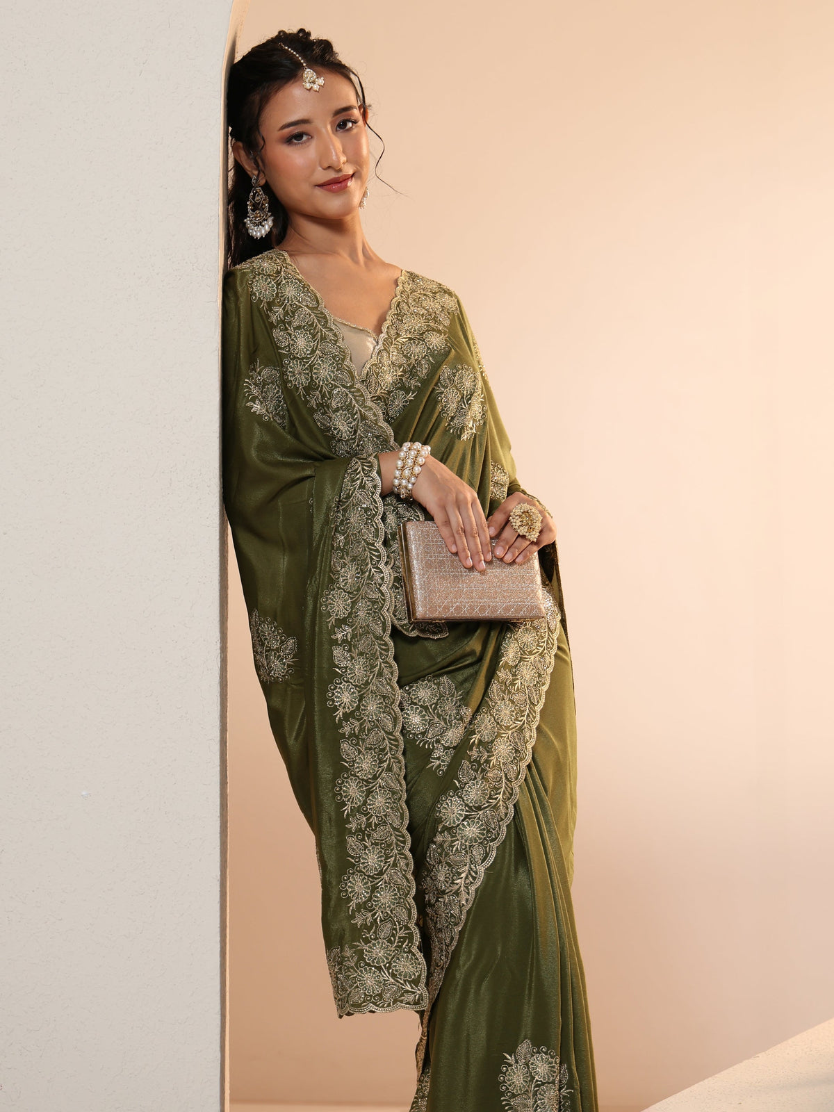 Libas Leaf Green Satin Saree with Embroidered Floral Motifs