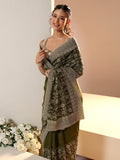 Libas Leaf Green Satin Saree with Floral Embellishments
