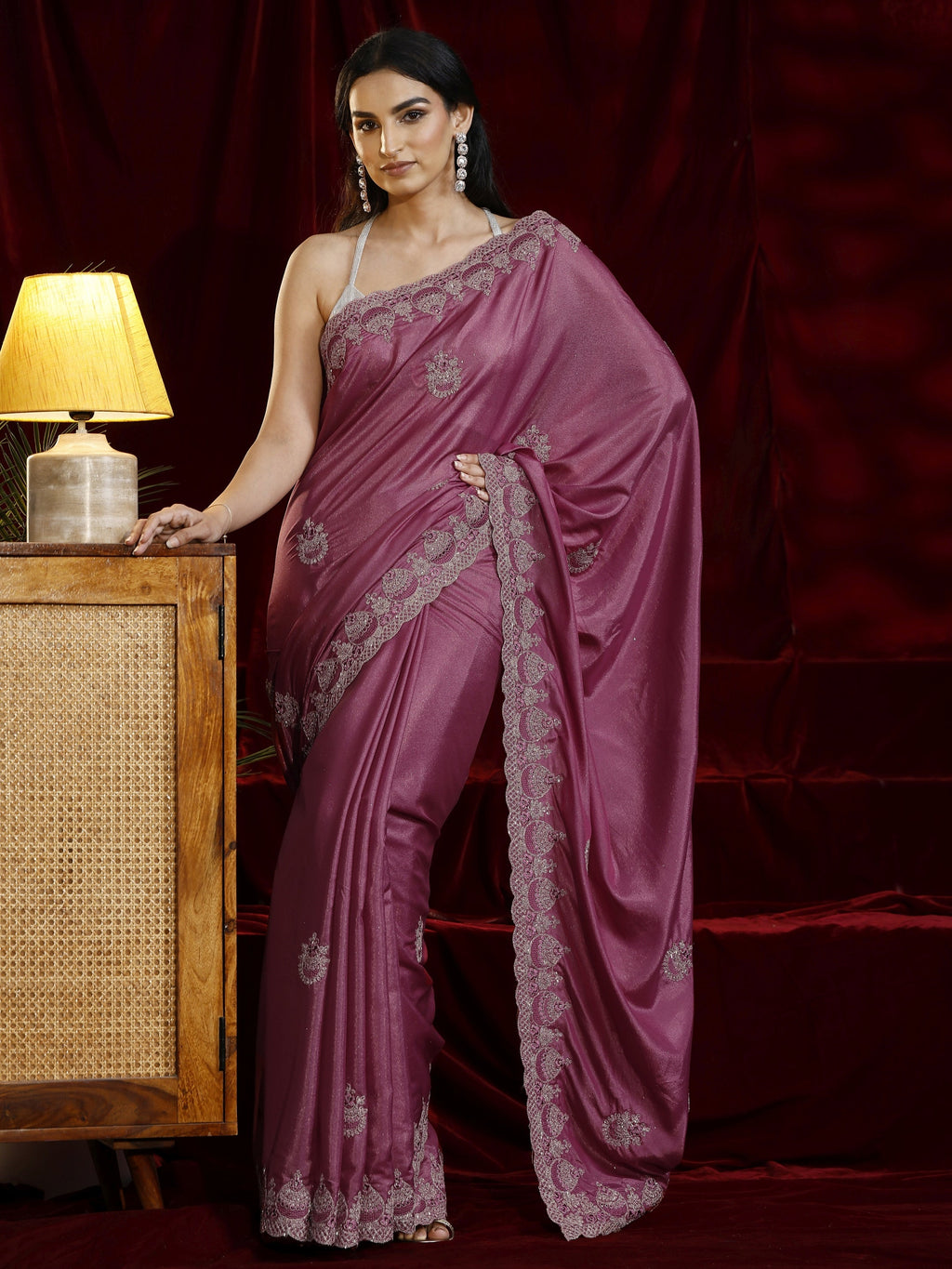 Libas Mauve Ethnic Motif Embroidered Satin Saree