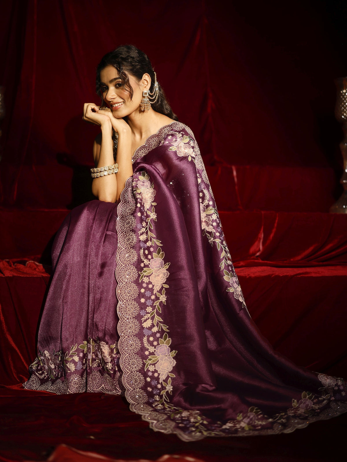 Libas Mauve Solid Silk Blend Saree