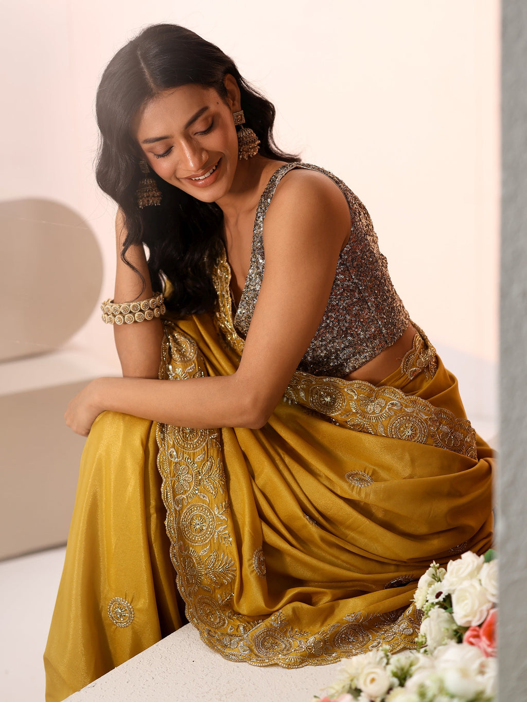 Libas Mustard Embroidered Silk Blend Saree
