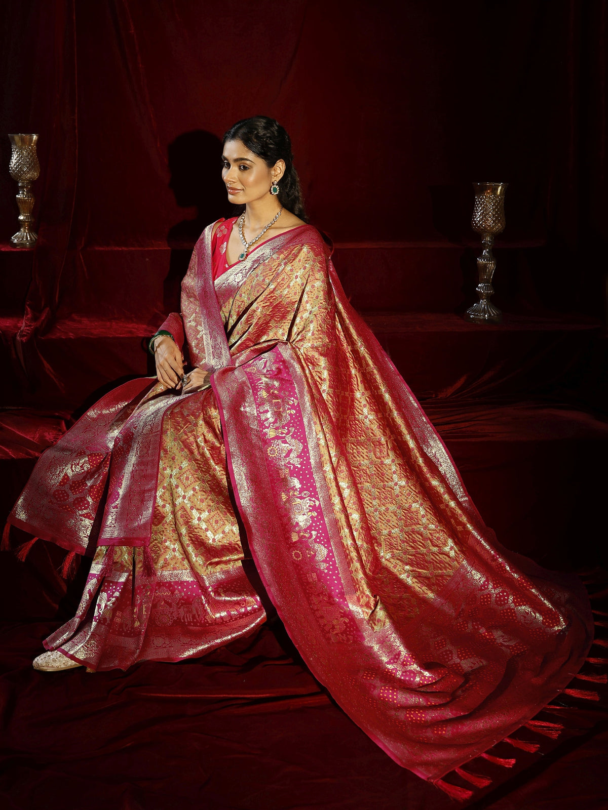 Libas Mustard Ethnic Motif Woven Design Silk blend Saree with dupatta