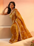 Libas Mustard Floral Embellished Tissue Saree