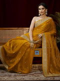 Libas Mustard Floral Embroidered Tissue Saree