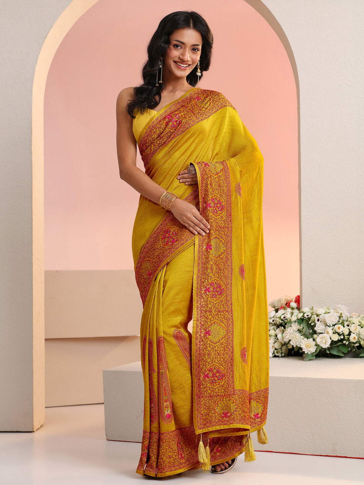 Libas Mustard Paisley Embroidered Silk Blend Saree