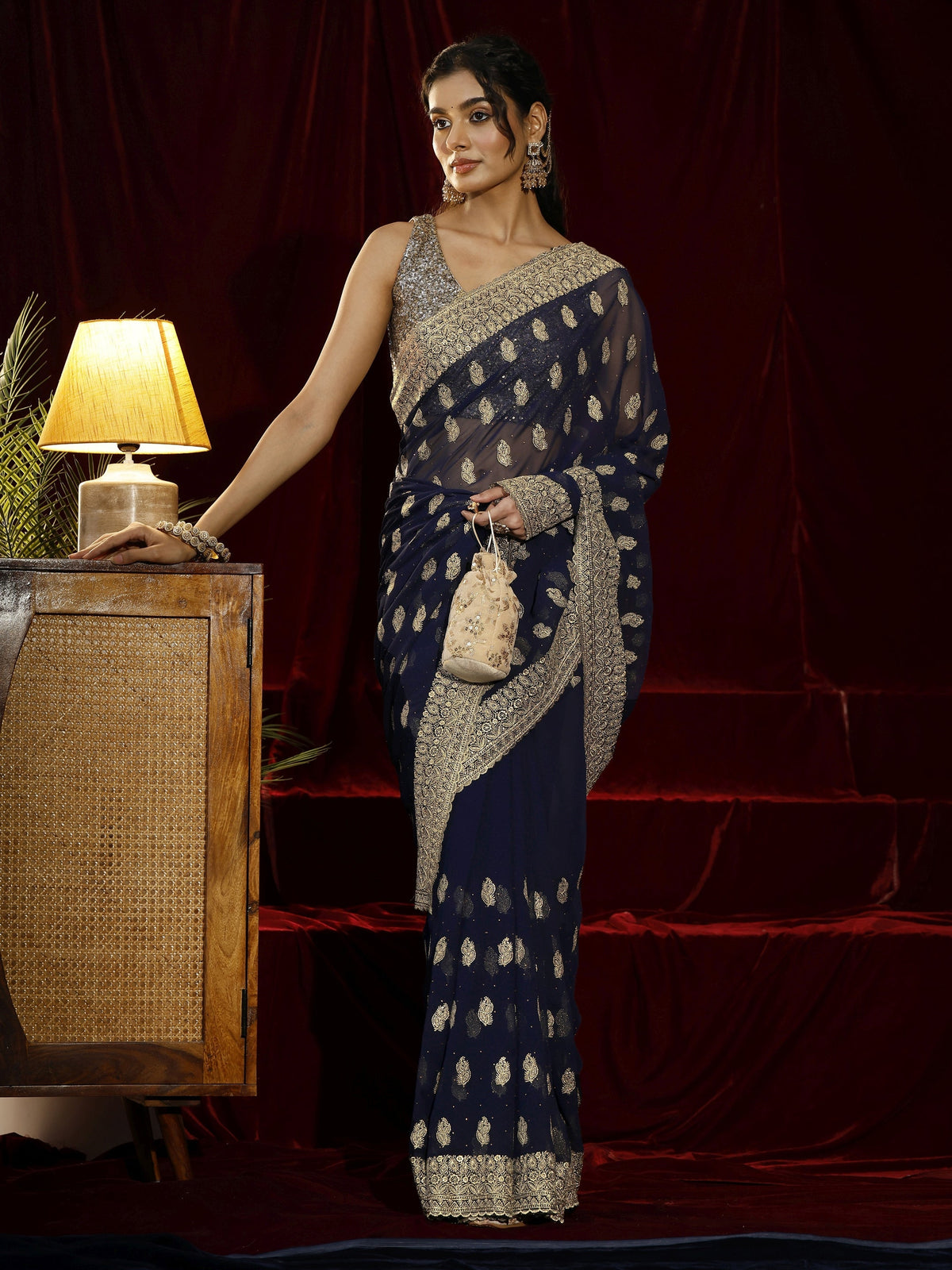 Libas Navy blue Embroidered Georgette Saree