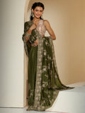 Libas Olive Geen Floral Embroidered Satin Saree