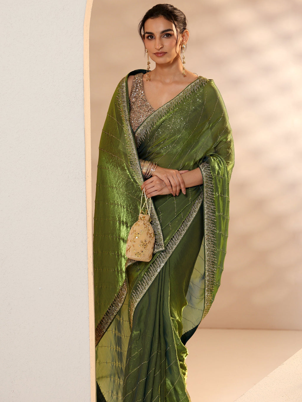 Libas Olive Green Stone Work Striped Embellished Tissue Saree