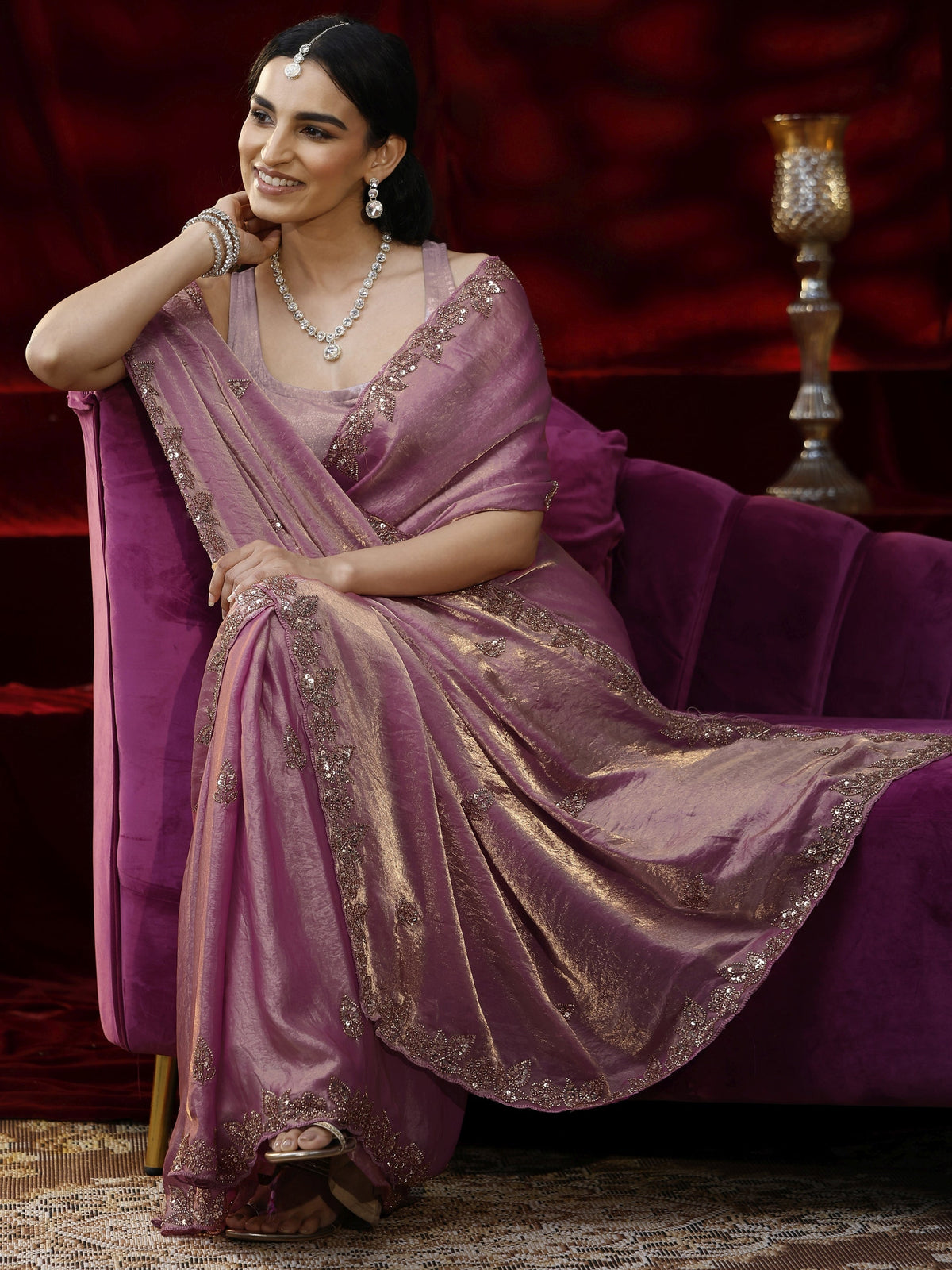 Libas Pink Embellished Tissue Saree