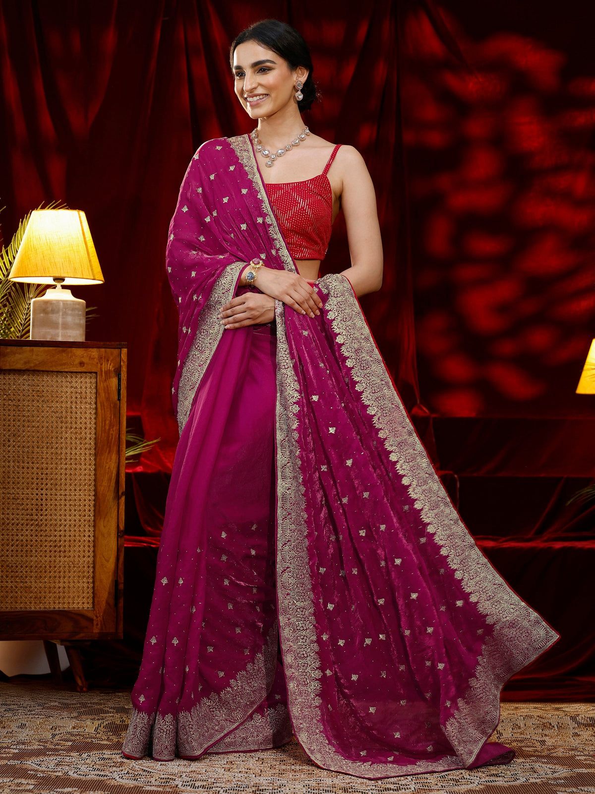 Libas Pink Embroidered Tissue Saree