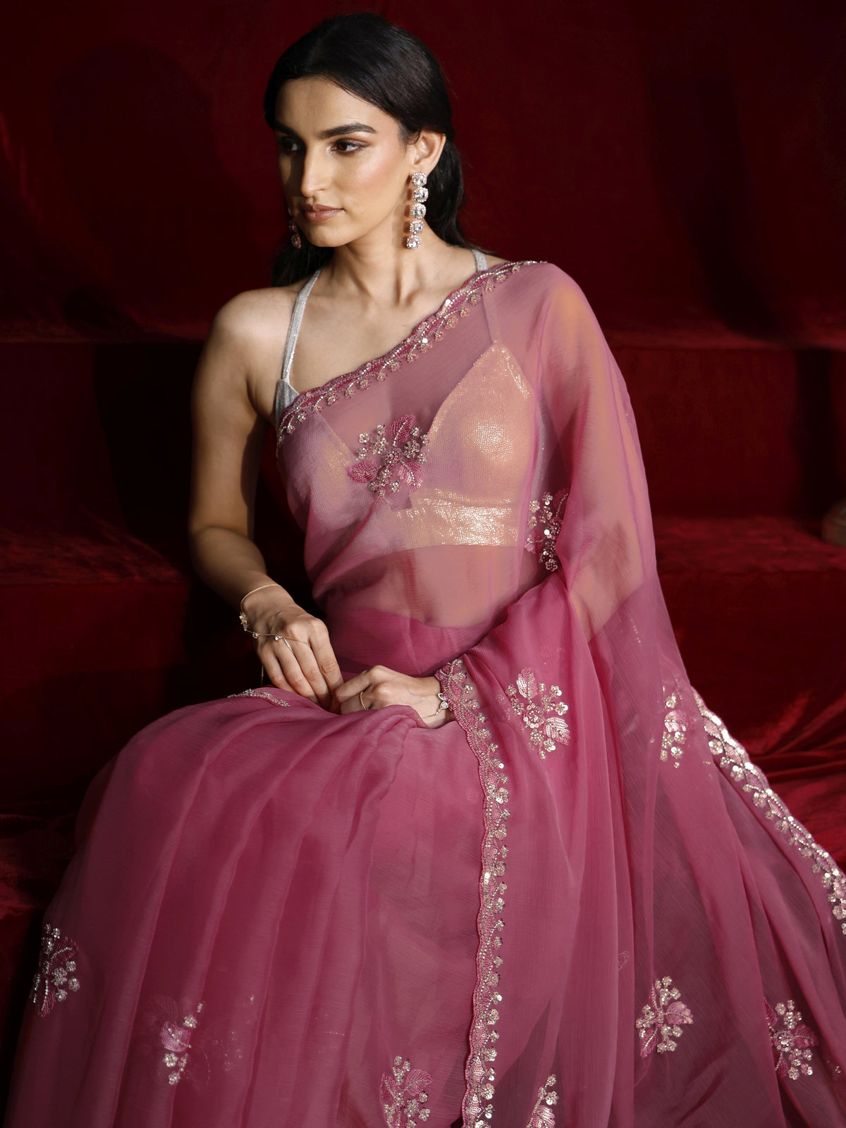 Libas Pink Floral Embellished Chiffon Saree