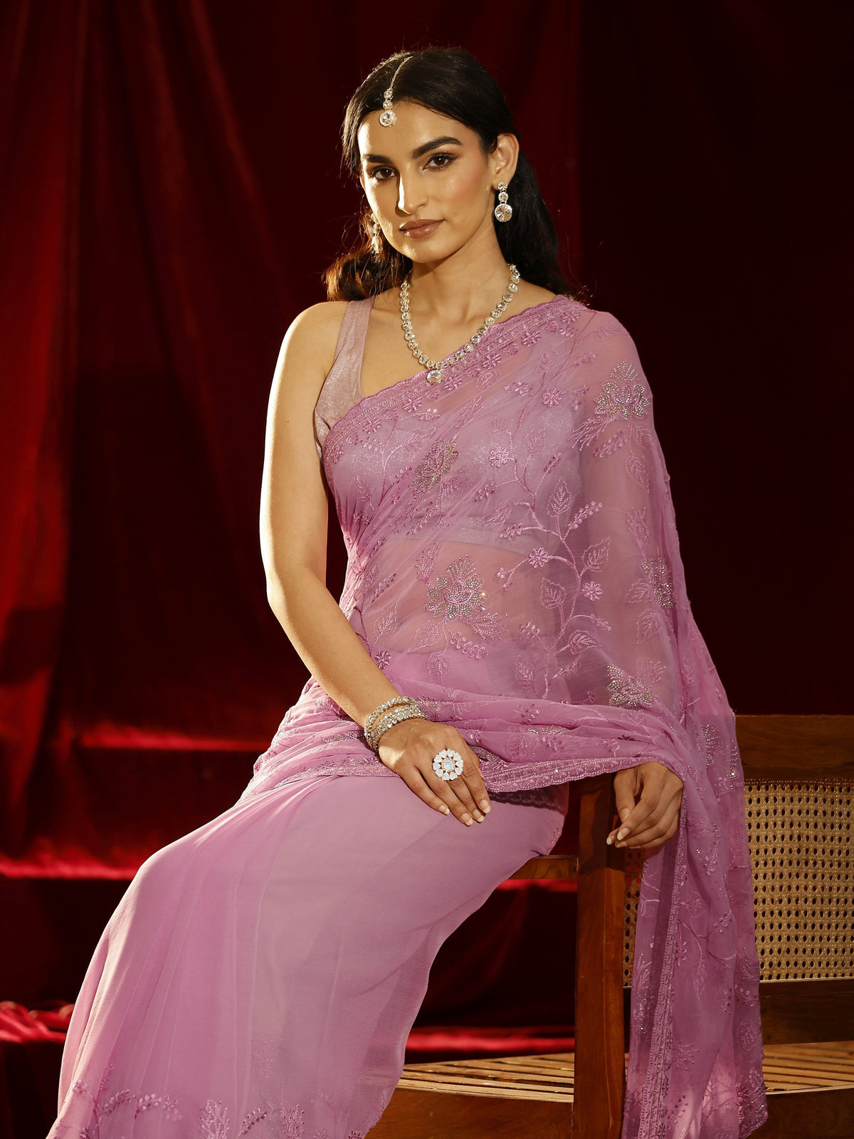 Libas Pink Floral Embroidered Chiffon Saree