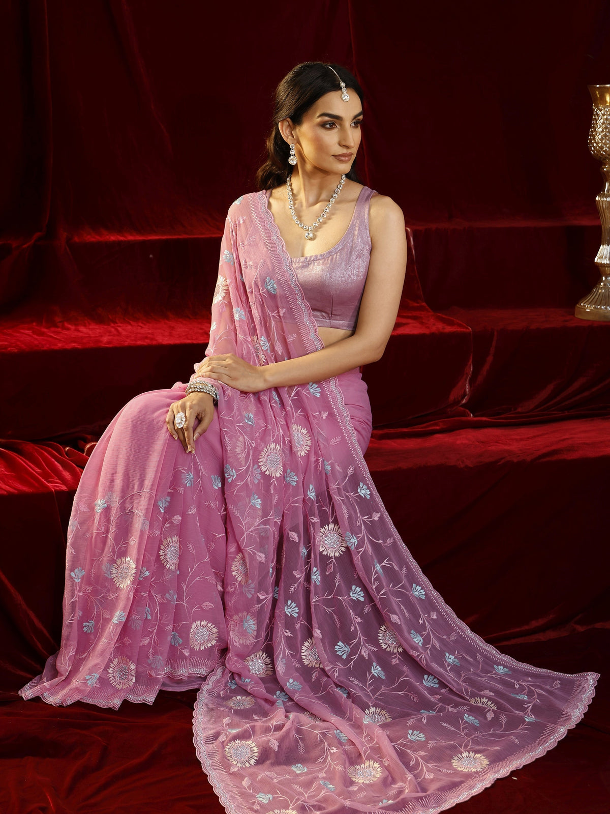 Libas Pink Floral Embroidered Chiffon Saree