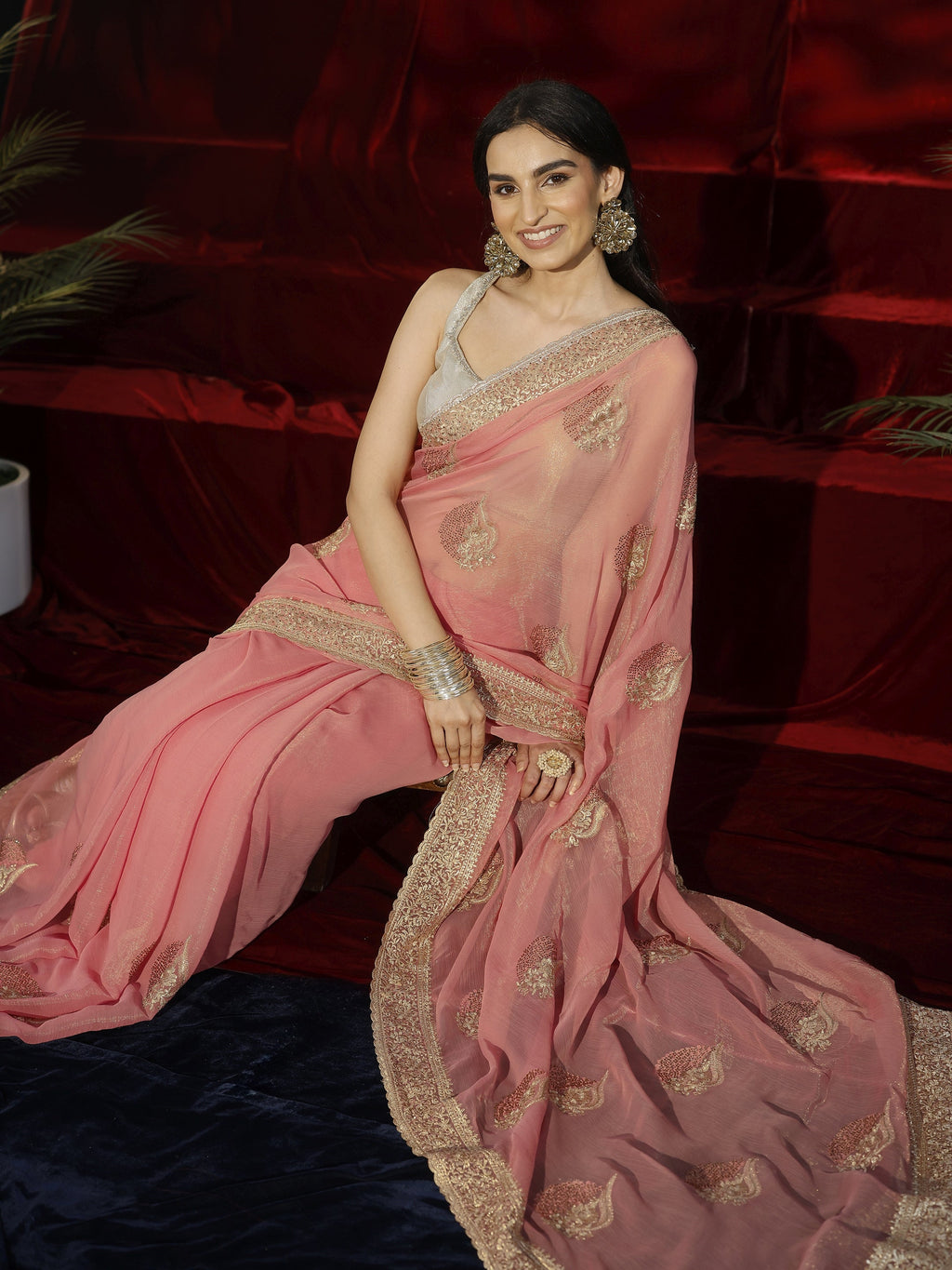 Libas Pink Floral Embroidered Chiffon Saree