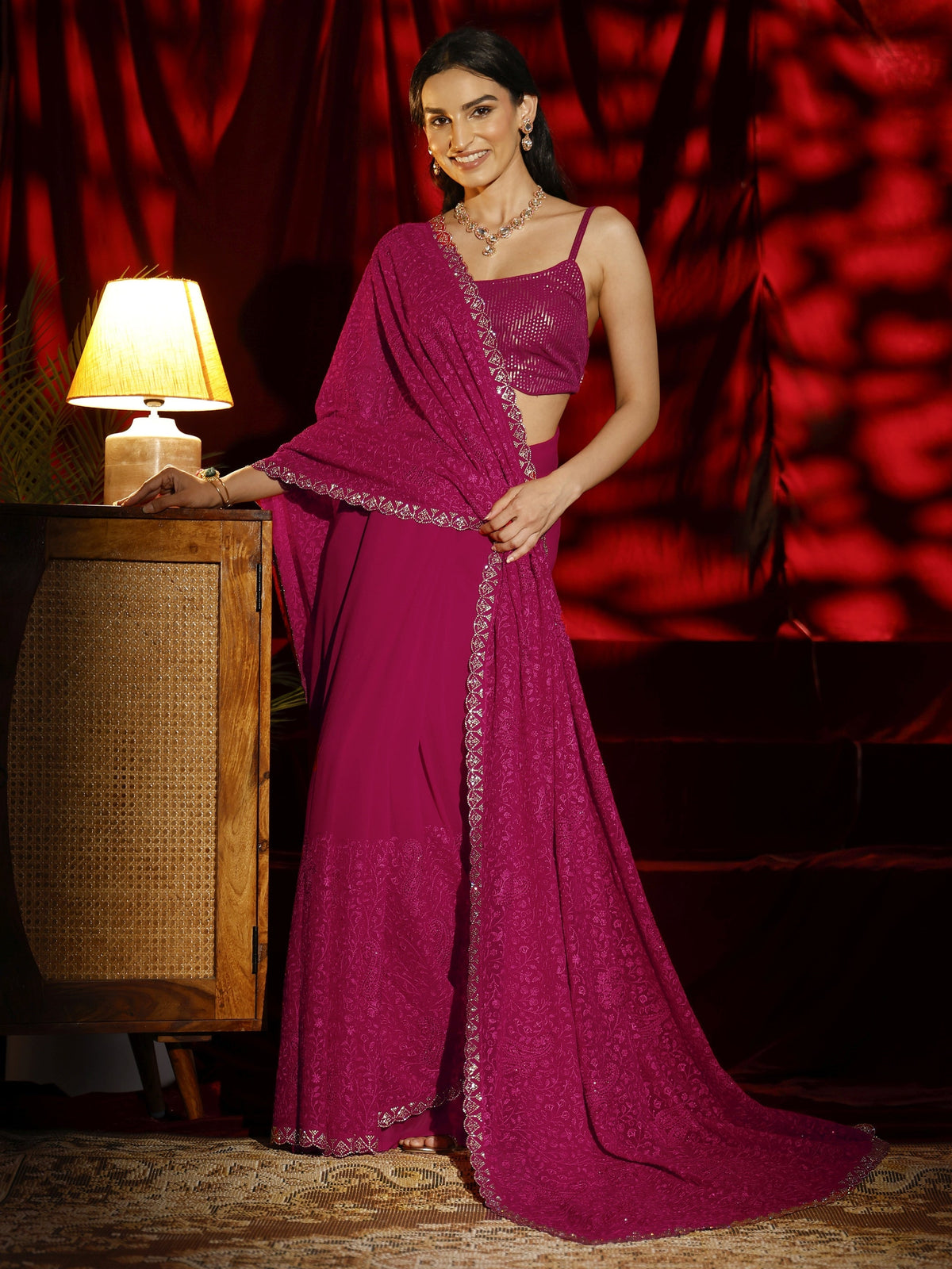 Libas Pink Floral Embroidered Georgette Saree