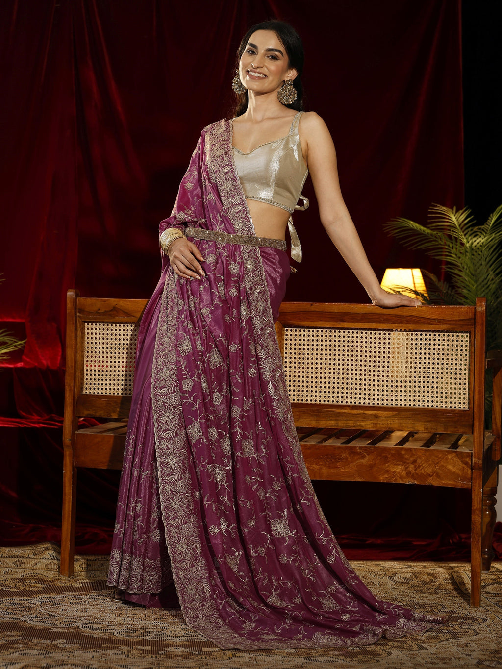 Libas Pink Floral Embroidered Satin Saree