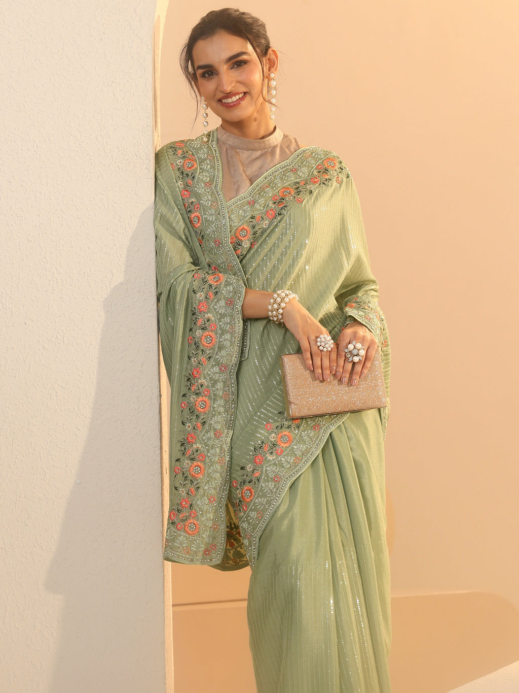 Libas Pista Green Striped Embellished Chiffon Saree with Floral Border