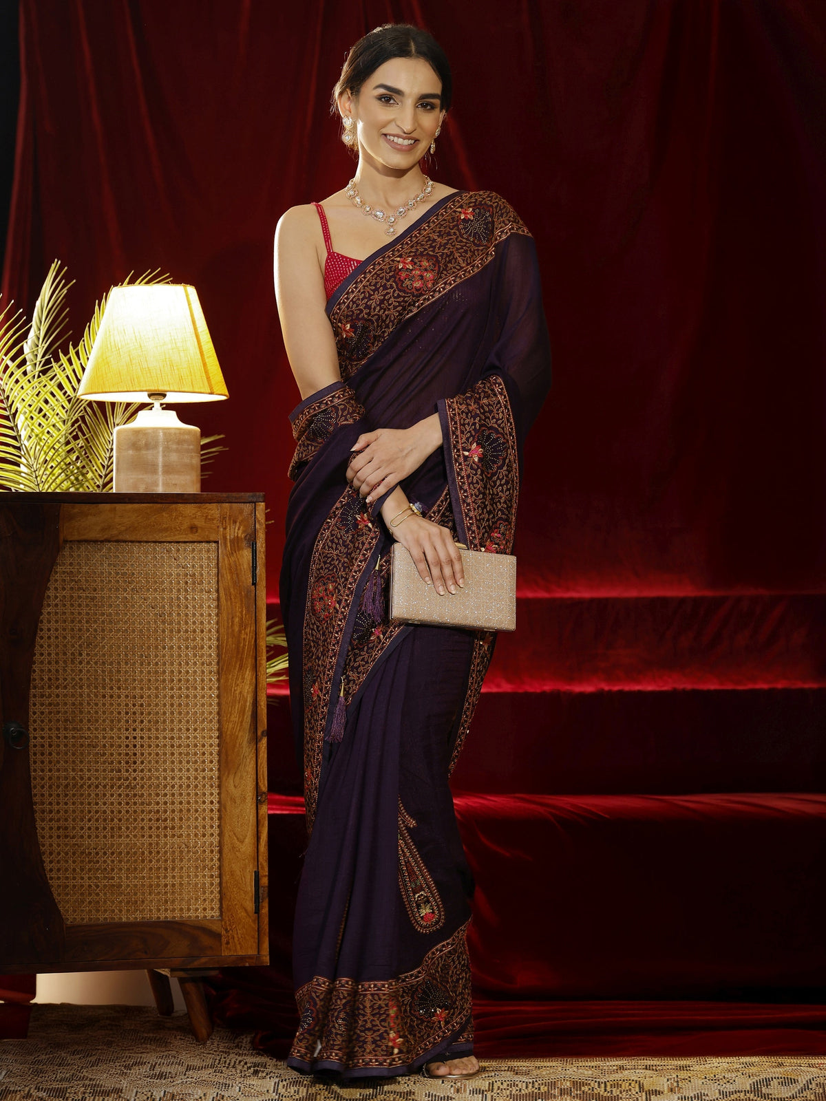 Libas Purple Paisley Embroidered Silk blend Saree