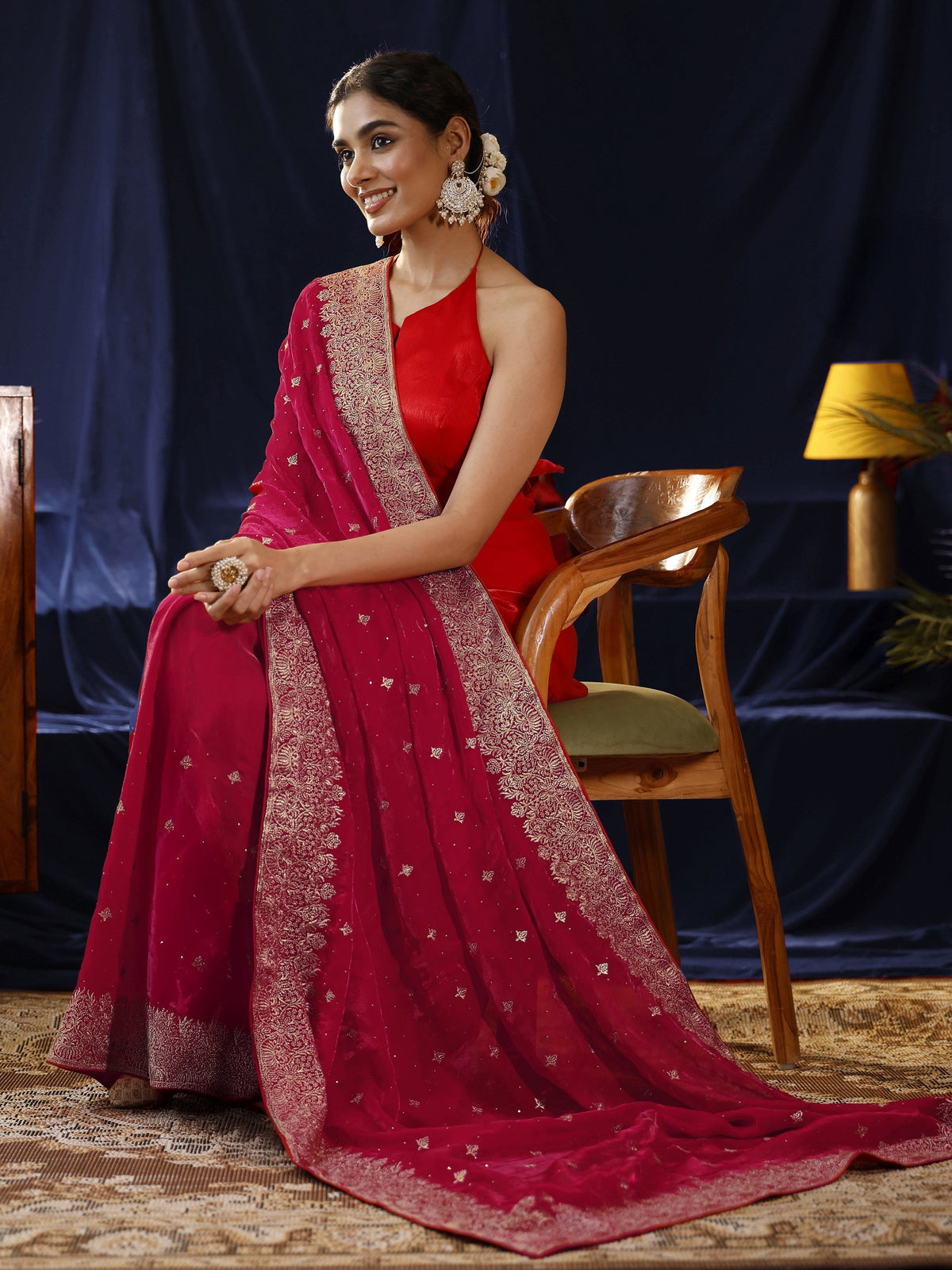 Libas Red Embroidered Tissue Saree