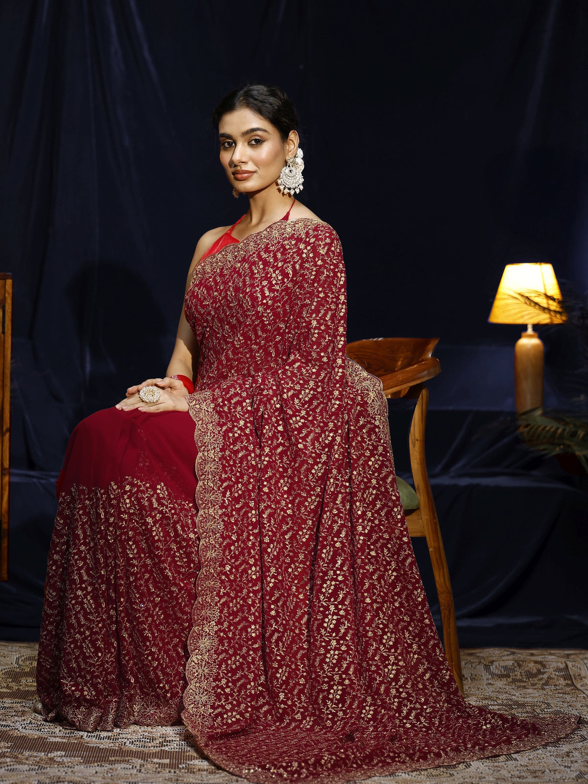 Libas Red Floral Embroidered Georgette Saree