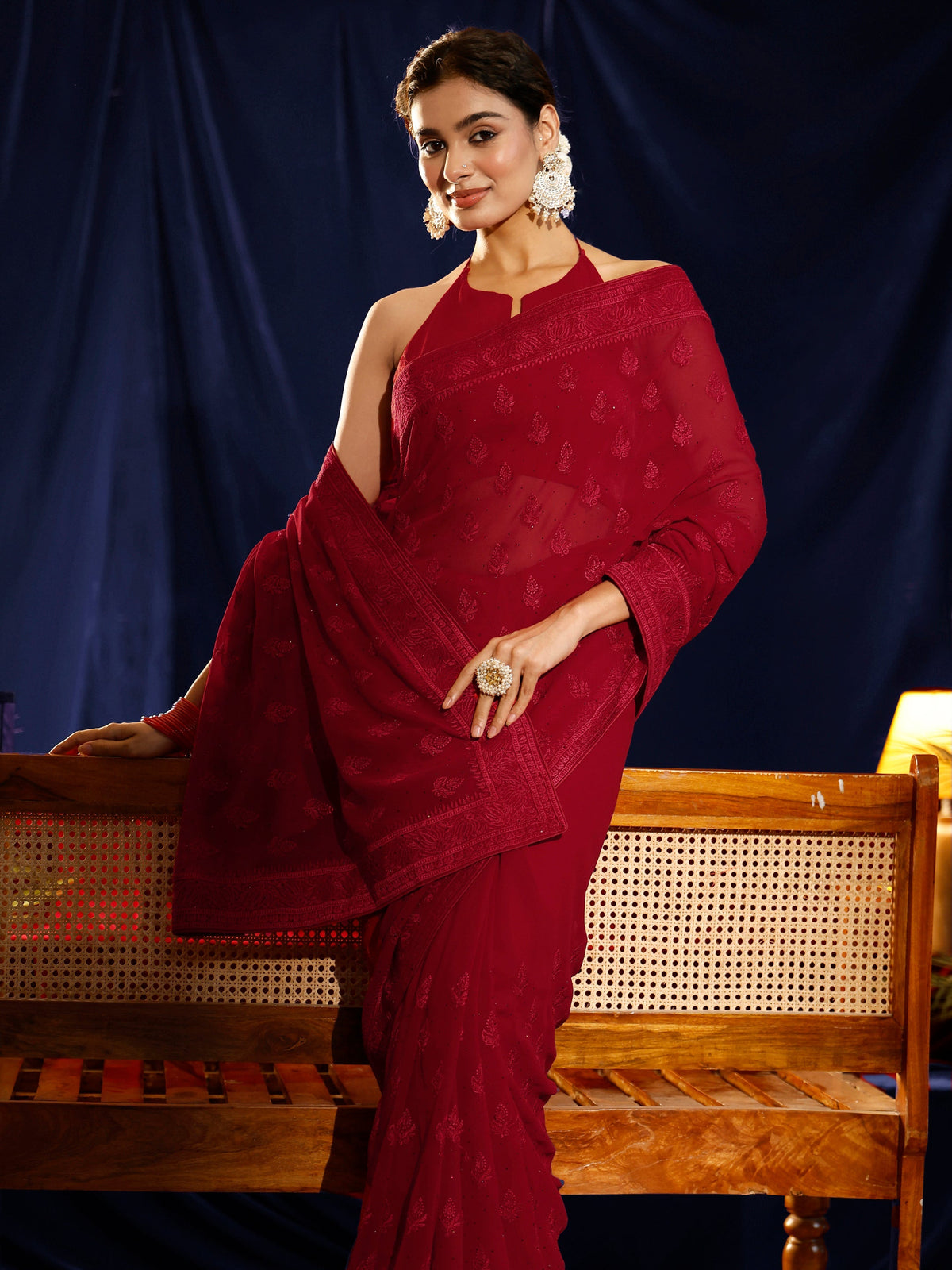Libas Red Floral Embroidered Georgette Saree