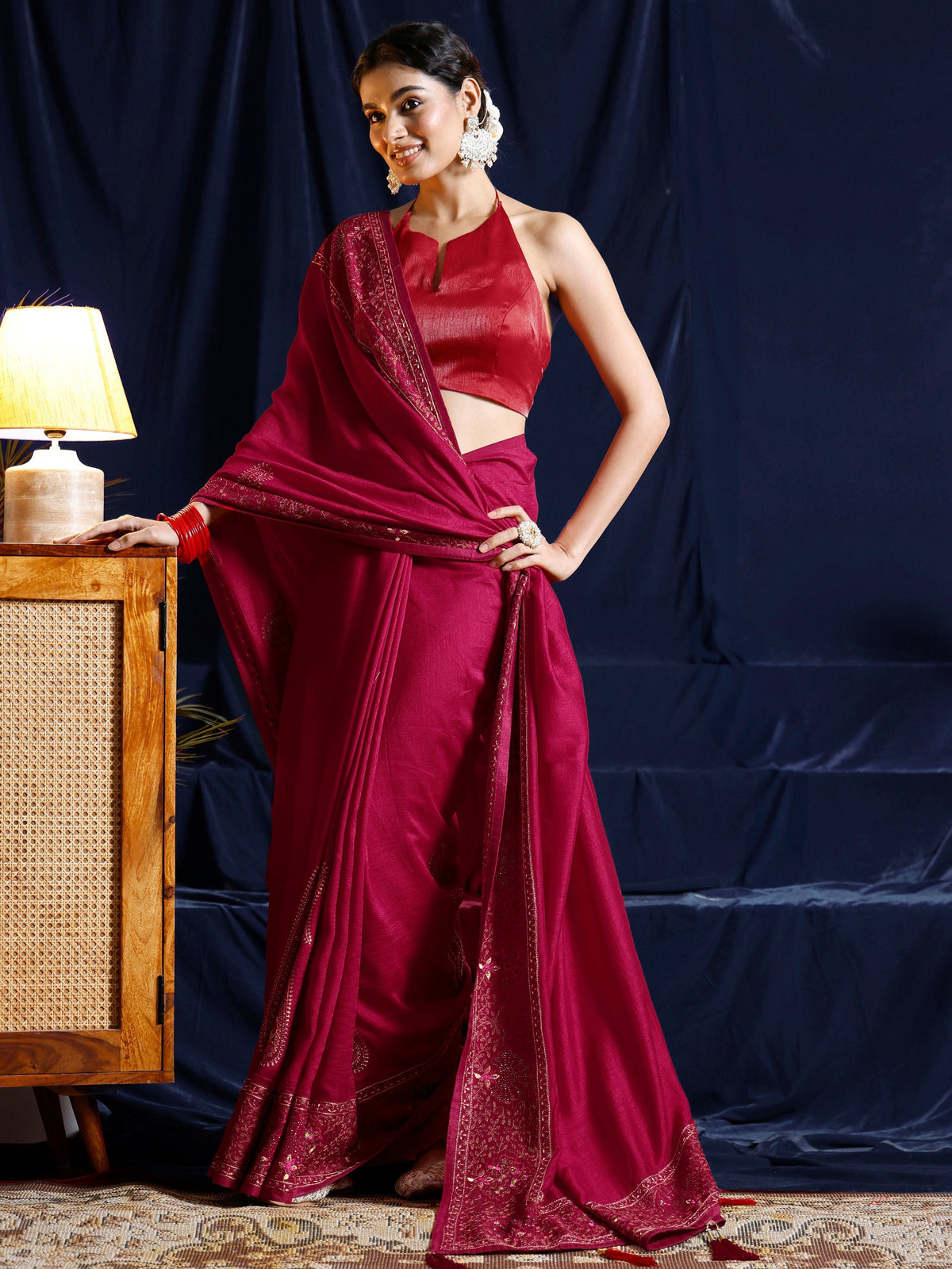 Libas Red Paisley Embroidered Silk blend Saree