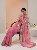 Libas Rose Pink Floral Embroidered Chiffon Saree with Scalloped Border