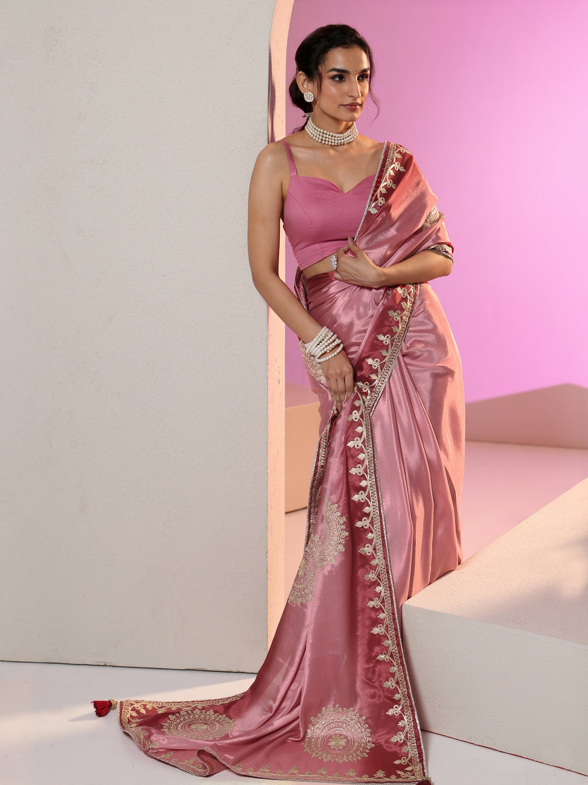 Libas Rose Pink Mandala Art Embroidered Ombre Silk Blend Saree
