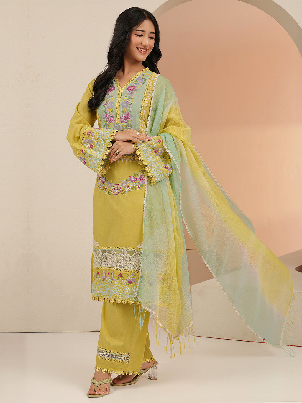 Libas Yellow Floral Embroidered Cotton Straight Suit Set