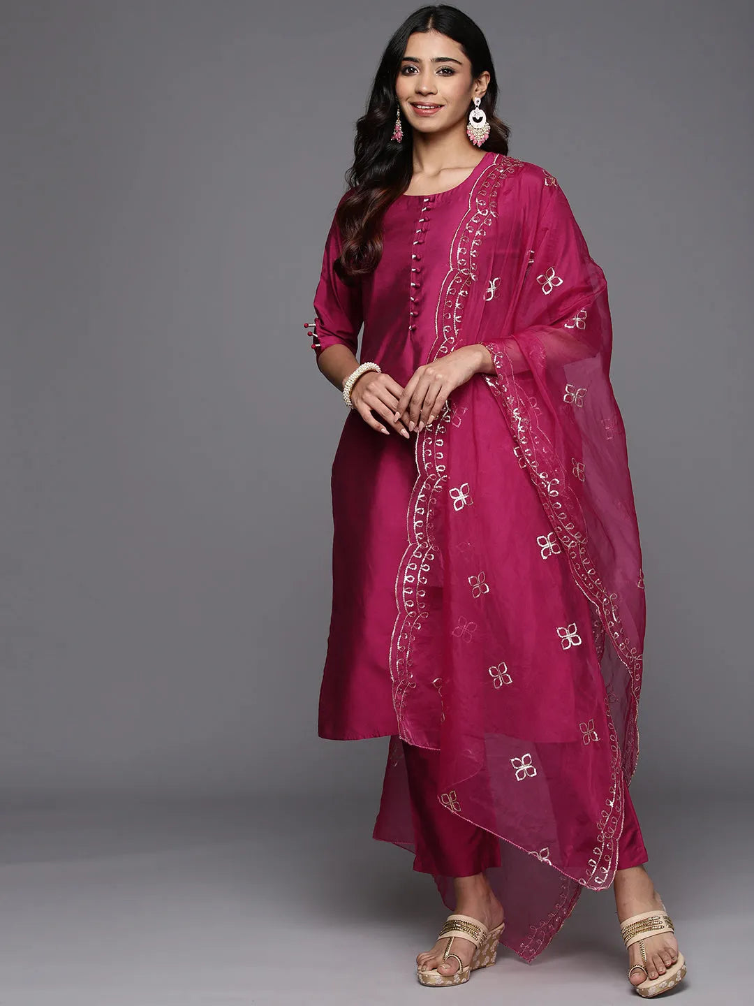 Gerua Magenta Solid Silk Blend Straight Suit With Dupatta