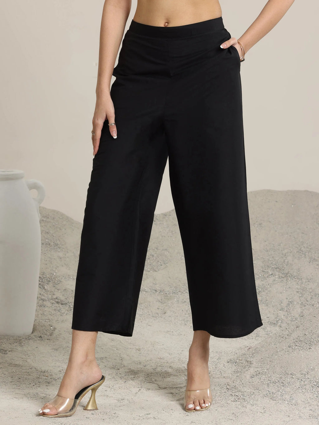 Libas Black Solid Silk Trousers