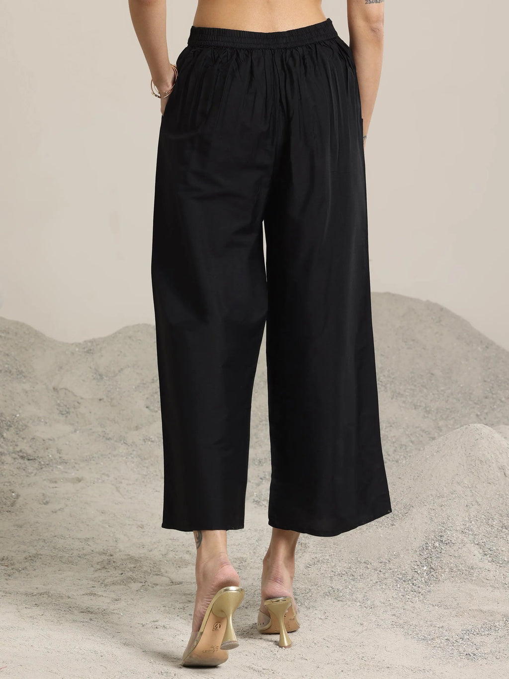 Libas Black Solid Silk Trousers