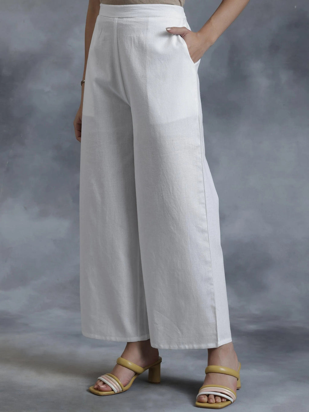 Libas White Solid Cotton Palazzos