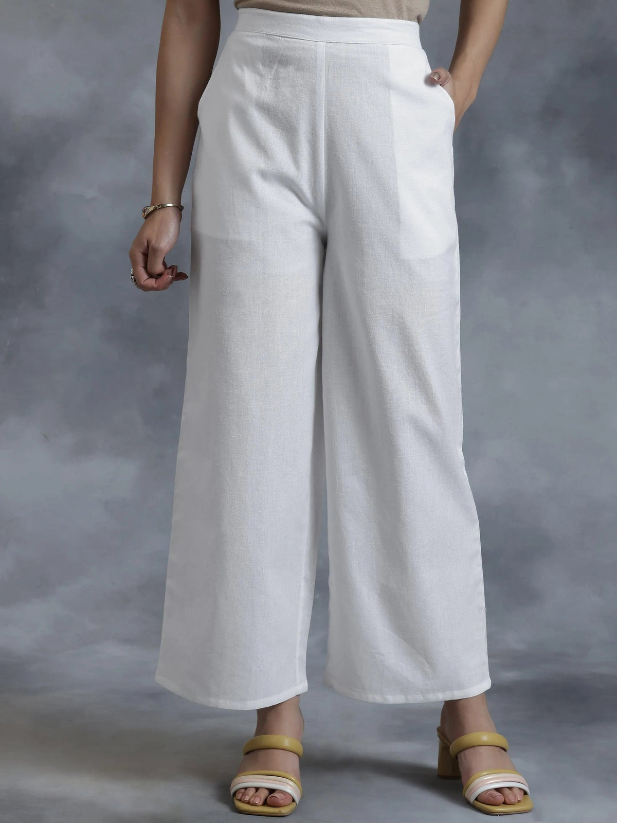 Libas White Solid Cotton Palazzos