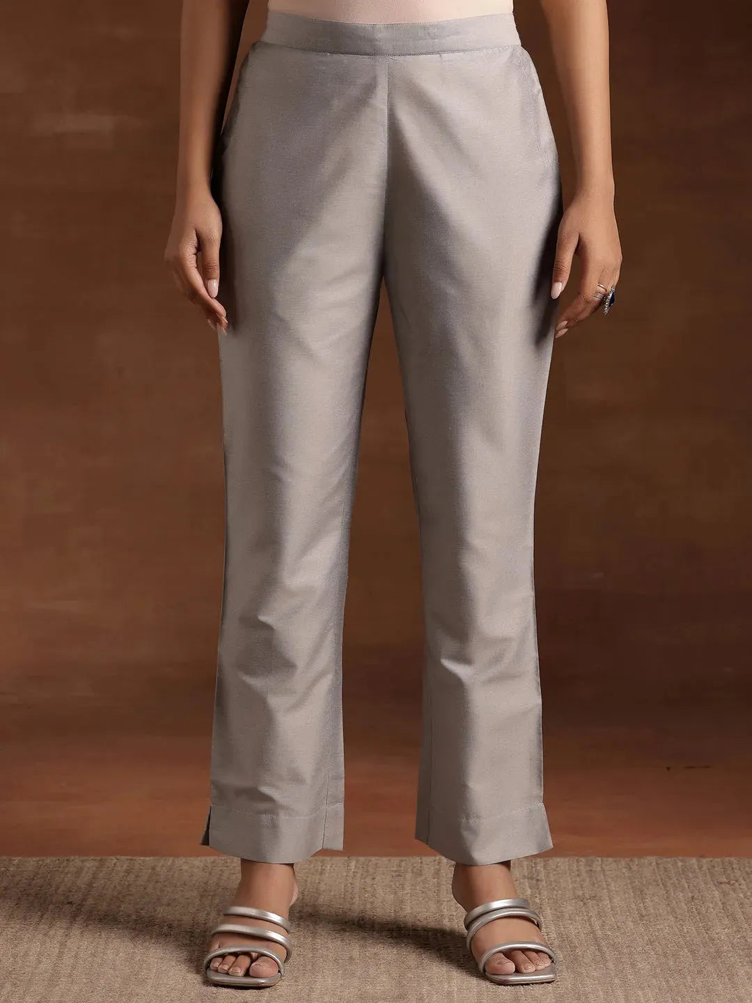 Libas Grey Solid Silk Trousers