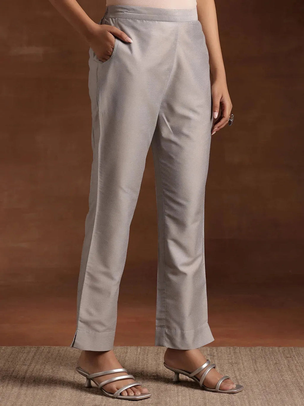Libas Grey Solid Silk Trousers