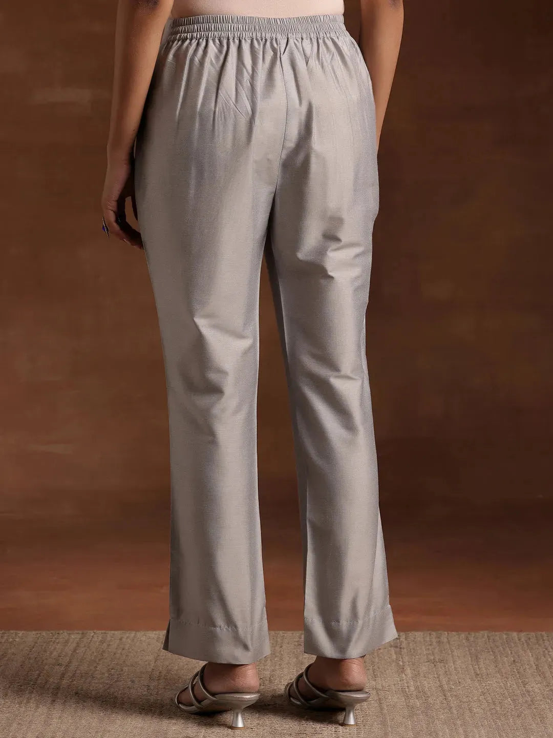 Libas Grey Solid Silk Trousers