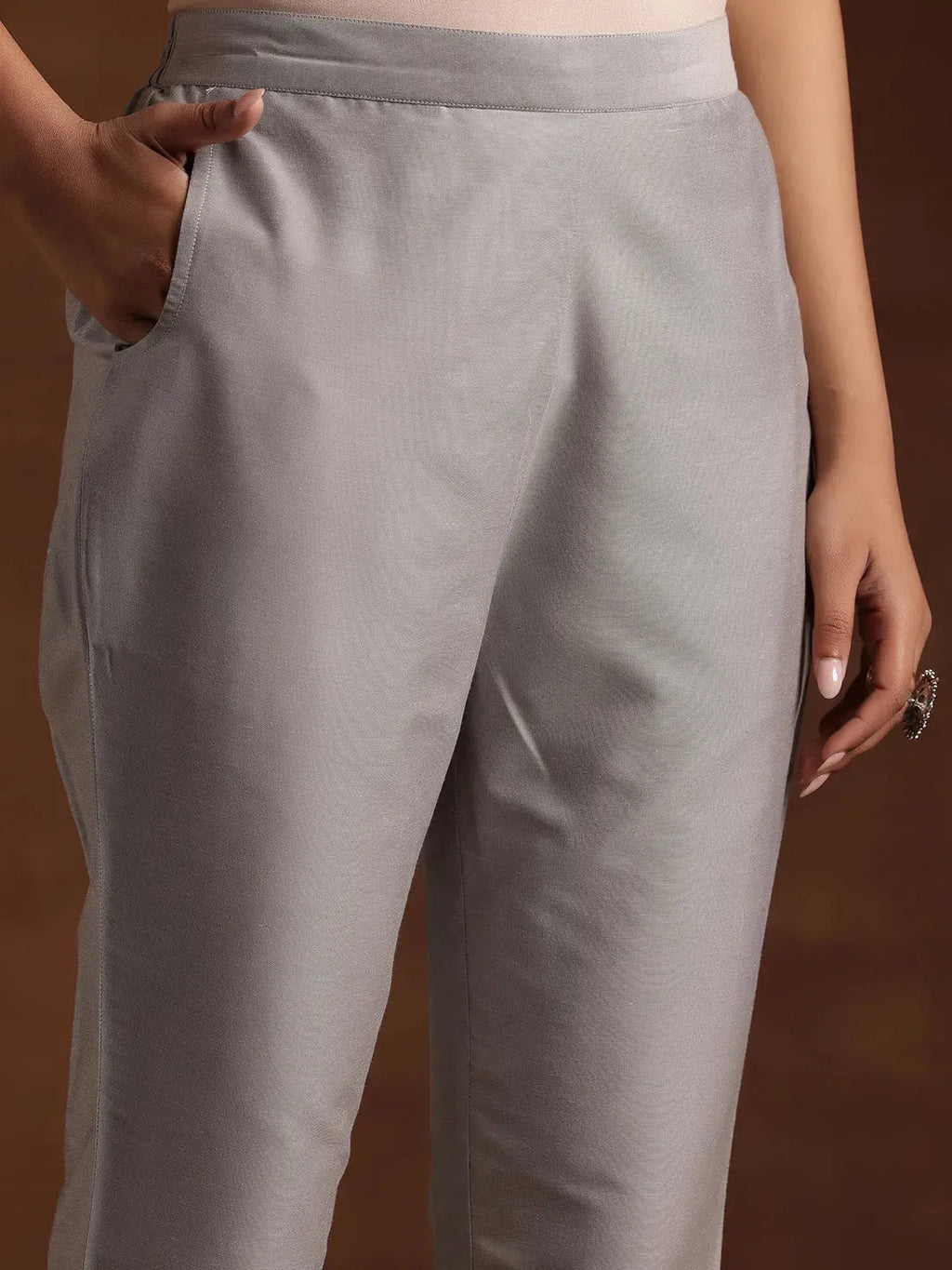 Libas Grey Solid Silk Trousers