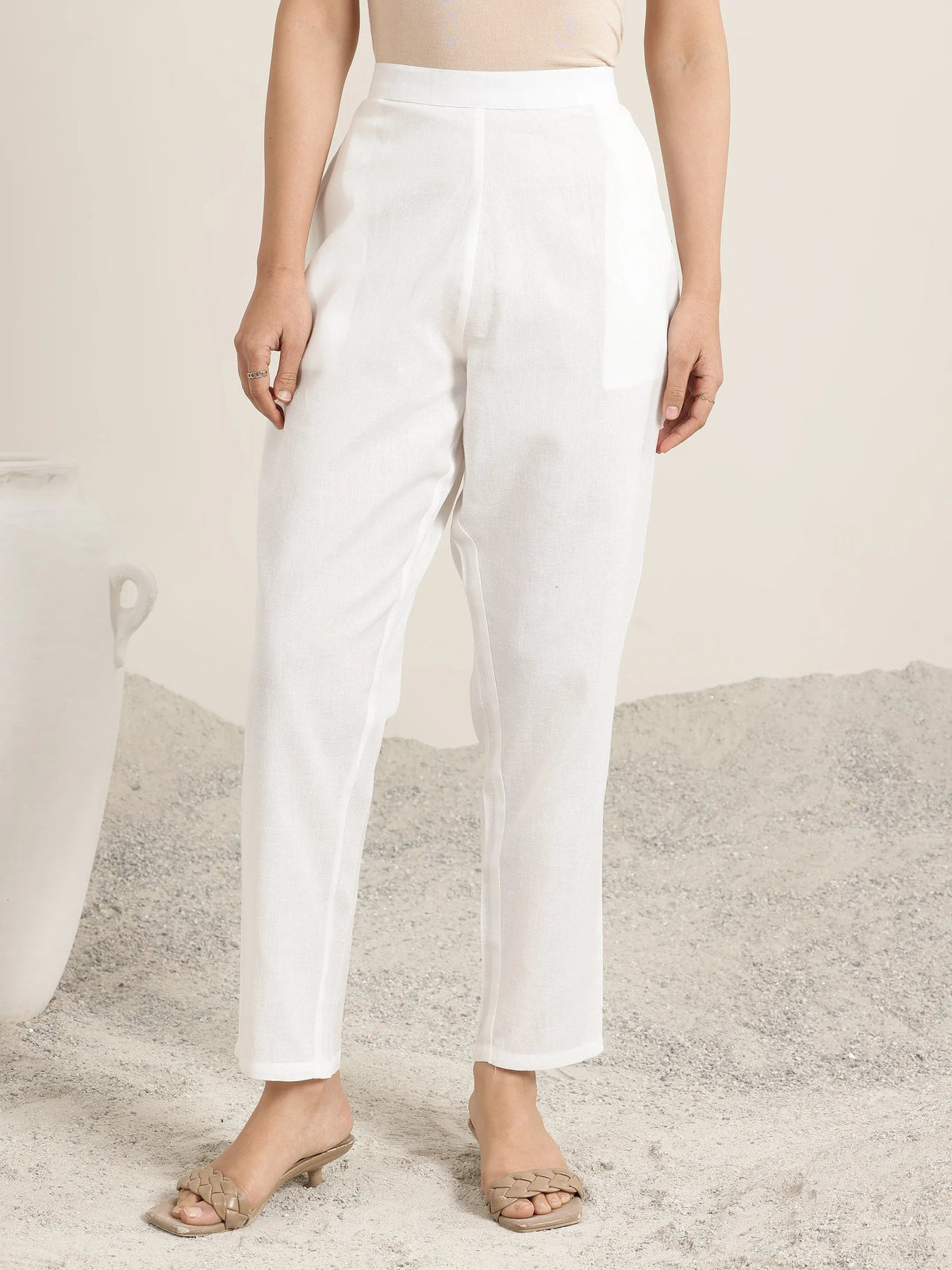 Libas Off White Solid Cotton Trousers