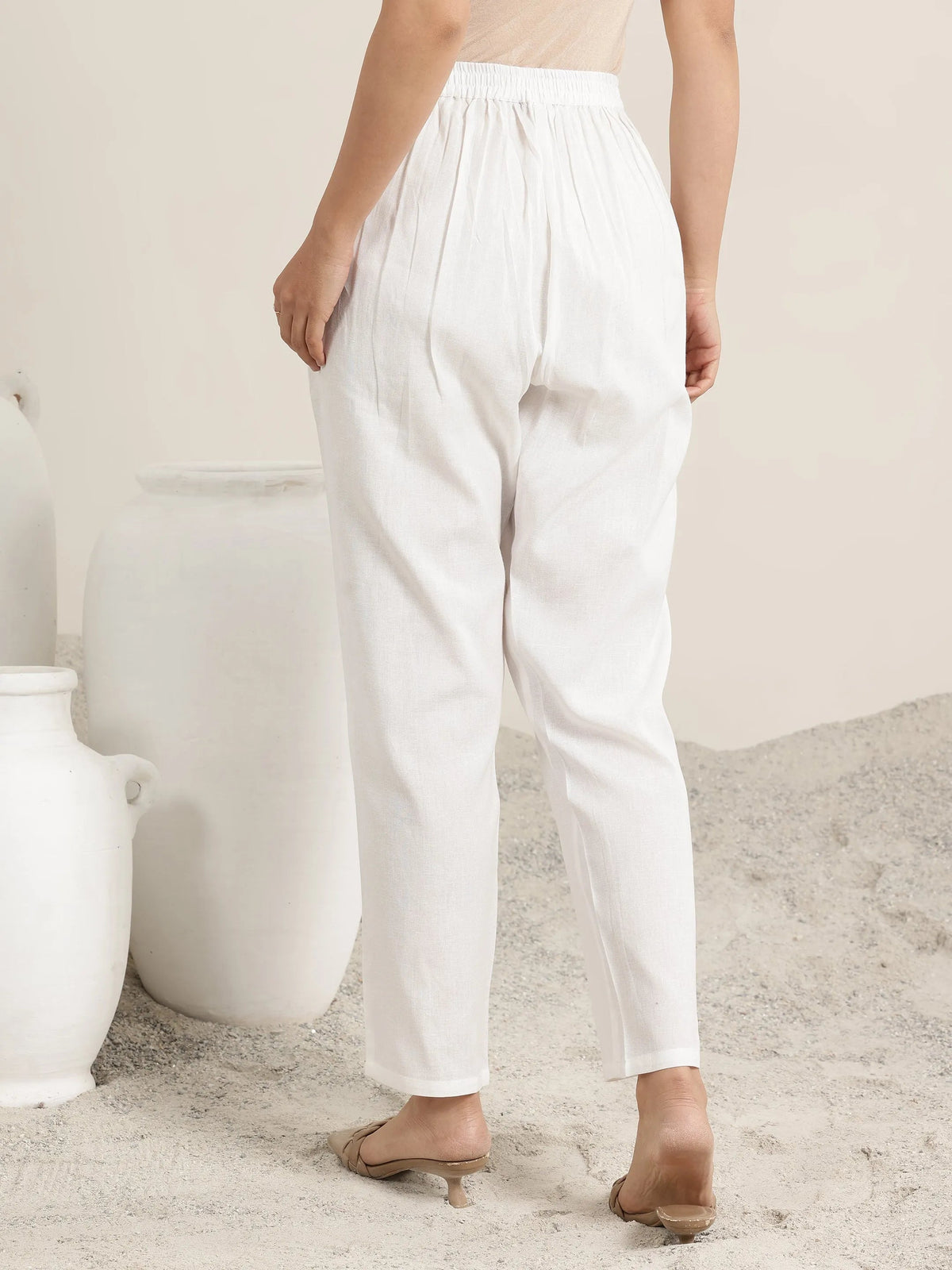 Libas Off White Solid Cotton Trousers