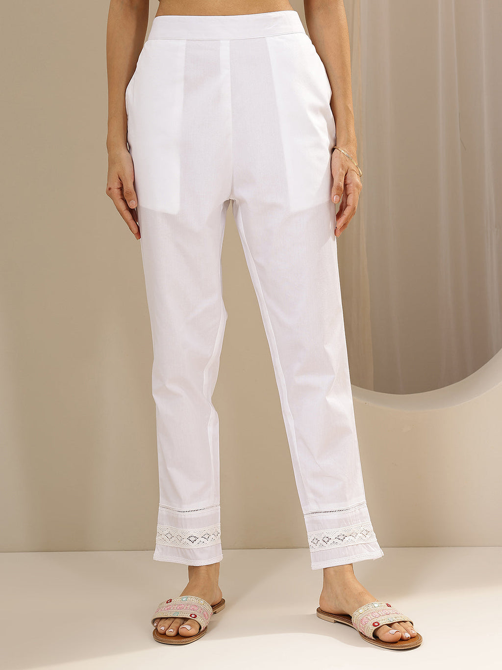 Libas White Solid Cotton Trousers