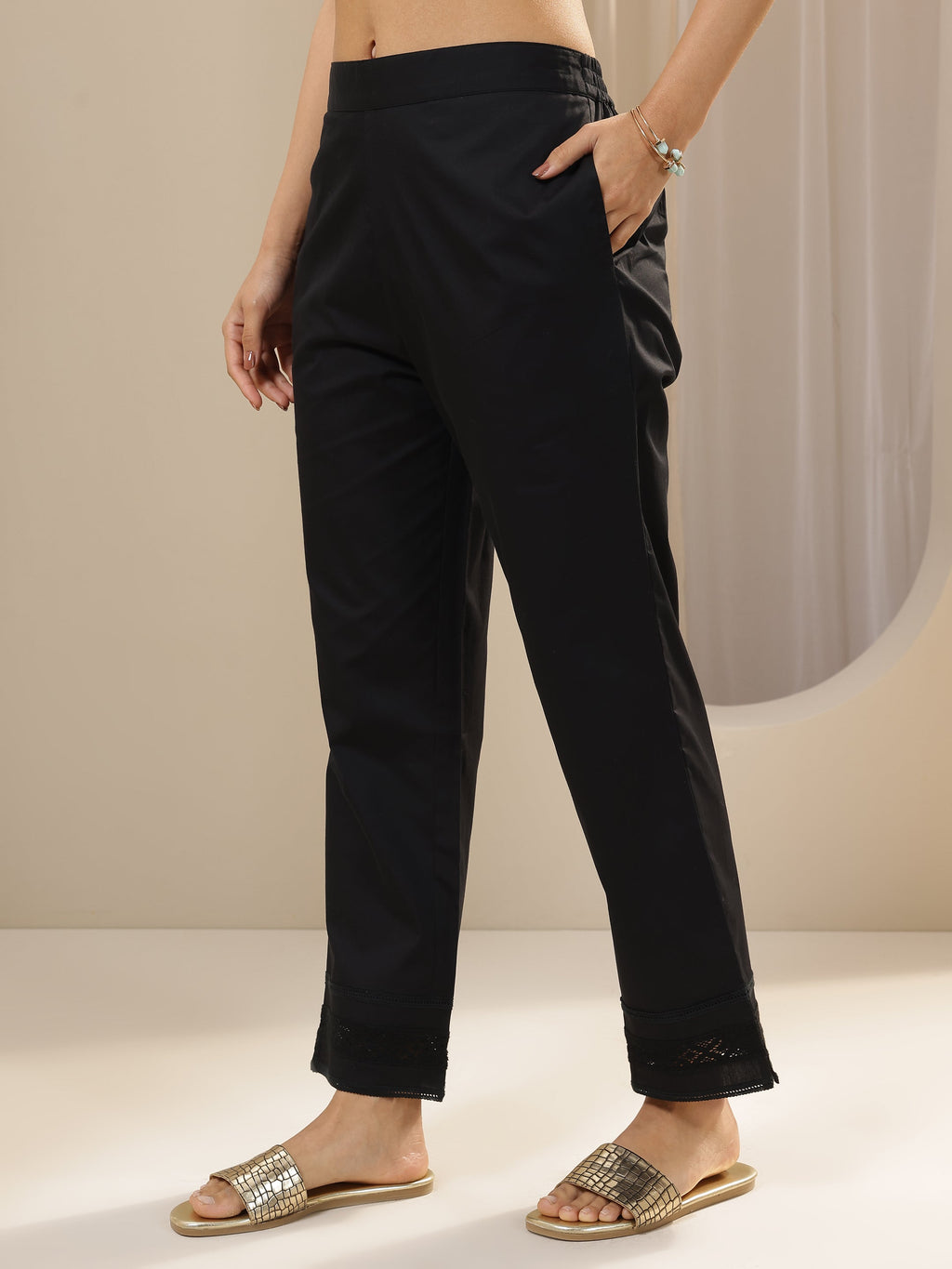 Libas Black Solid Cotton Trousers