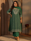 Plus Size Green Bandhani Printed Silk Blend A-Line Suit Set With Dupatta