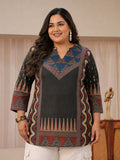 Plus Size Grey Multi Printed Silk Blend Straight Short Kurti