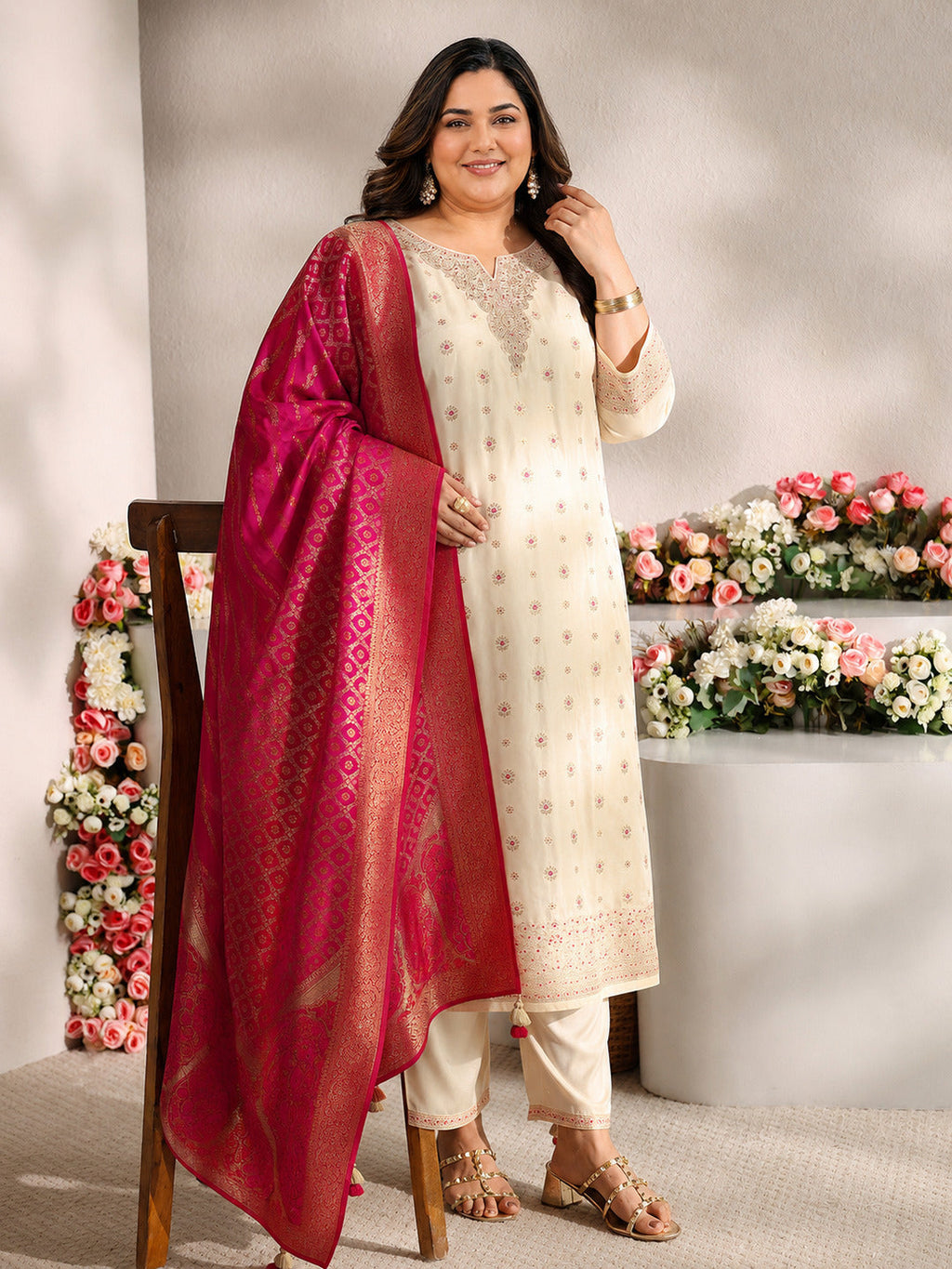 Plus Size Ivory Woven Design Silk Blend Straight Suit Set With Dupatta