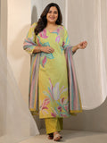 Plus Size Multi Printed Cotton Blend Straight Suit Set With Dupatta