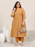Plus Size Mustard Printed Cotton Straight Kurta Set