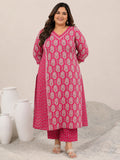 Plus Size Pink Printed Cotton Straight Kurta Set