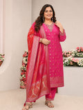 Plus Size Pink Woven Design Silk Blend Straight Suit Set With Dupatta